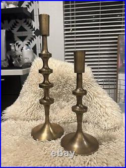 2 Brass Vintage Mid Century Modern Candle Stick Holders 15 & 10.5