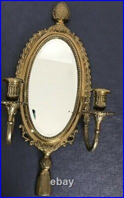 2 Brass Wall Sconces Beveled Mirror & Candle Holders Acorn Hollywood regency