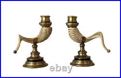 2 Chapman Vtg Hollywood Regency Brass Ram Horn Candle Holders Candlestick Light