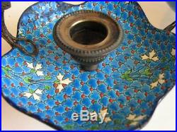 2 French Longwy Faience Candle Holders Brass Mounts Chamber Sticks