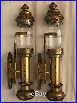 2 GORGEOUS ANTIQUE BRASS RAILROAD SCONCE/GLASS HURRICANE/CANDLE HOLDERS