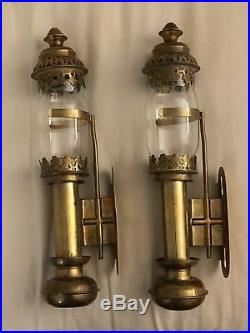 2 GORGEOUS ANTIQUE BRASS RAILROAD SCONCE/GLASS HURRICANE/CANDLE HOLDERS