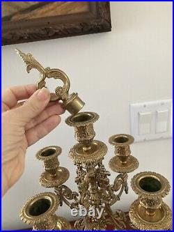 2 Made In Italy Vintage Brevettato Brass Candelabras Baroque Style 5 Arm/snuffer