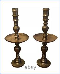 2 Mid Century Etched Brass Floor Altar Candle Holders 23 Tall Moroccan Style