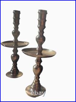 2 Mid Century Etched Brass Floor Altar Candle Holders 23 Tall Moroccan Style