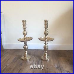 2 Mid Century Etched Brass Floor Altar Candle Holders 23 Tall Moroccan Style