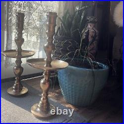 2 Mid Century Etched Brass Floor Altar Candle Holders 23 Tall Moroccan Style