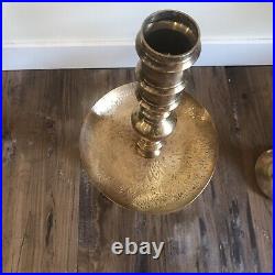 2 Mid Century Etched Brass Floor Altar Candle Holders 23 Tall Moroccan Style