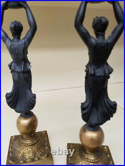 2 Old Empire French Erte Style Brass & Burnished Bronze Women Candelabras