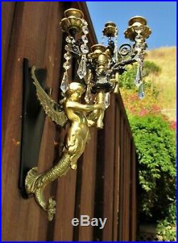 2 PAIR Sconces Vintage Spelter Mermaid crystal brass Candle holder Sexy Lady