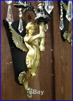 2 PAIR Sconces Vintage Spelter Mermaid crystal brass Candle holder Sexy Lady