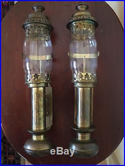 2 Stunning Railroad Brass Glass Hurricane Candle Holders Lantern Lamps Sconces