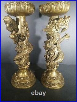 2-Solid brass Serpant Dragon wrapped stickpin candle holders Good luck symbol