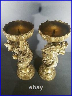 2-Solid brass Serpant Dragon wrapped stickpin candle holders Good luck symbol