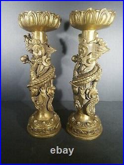 2-Solid brass Serpant Dragon wrapped stickpin candle holders Good luck symbol