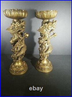 2-Solid brass Serpant Dragon wrapped stickpin candle holders Good luck symbol