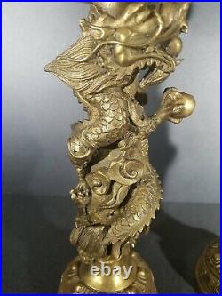 2-Solid brass Serpant Dragon wrapped stickpin candle holders Good luck symbol