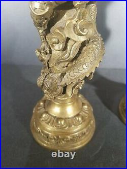 2-Solid brass Serpant Dragon wrapped stickpin candle holders Good luck symbol