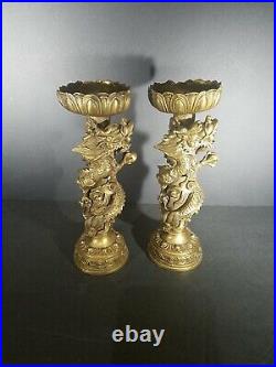 2-Solid brass Serpant Dragon wrapped stickpin candle holders Good luck symbol