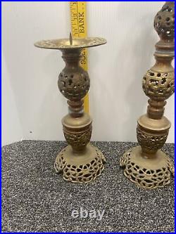 2 Tall Pierced Vintage Brass Candle Holders & Brass Lamp Bottom Smoke Free Home