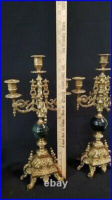 2 VTG 5 ARM BRASS & GREEN MARBLE CANDELABRA 17 -AS IS Repair or parts