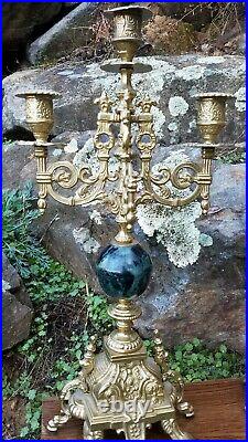 2 VTG 5 ARM BRASS & GREEN MARBLE CANDELABRA 17 -AS IS Repair or parts