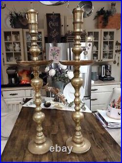 2 VTG Large Etched Brass Candlesticks Church Sanctuary Altar Candle Holders 35