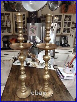 2 VTG Large Etched Brass Candlesticks Church Sanctuary Altar Candle Holders 35