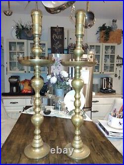 2 VTG Large Etched Brass Candlesticks Church Sanctuary Altar Candle Holders 35