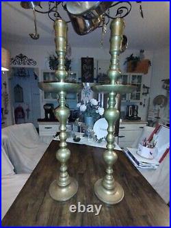 2 VTG Large Etched Brass Candlesticks Church Sanctuary Altar Candle Holders 35