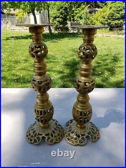 2 Vintage 1 pair Large Ornate Brass Candle Holder Flowers Leaves Filigree 13.5