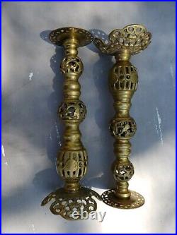 2 Vintage 1 pair Large Ornate Brass Candle Holder Flowers Leaves Filigree 13.5