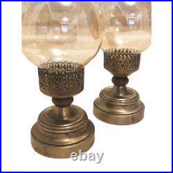2 Vintage 1940s Brass Hurricane Candle Lamps Lanterns Iridescent Amber Shades
