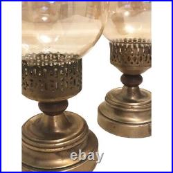 2 Vintage 1940s Brass Hurricane Candle Lamps Lanterns Iridescent Amber Shades