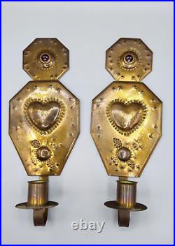 2 Vintage Antique Brass Swedish Wall Mounted Candle Sconces Holders Folk Vintage