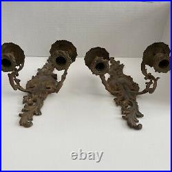 2 Vintage Antique Brass Wall 2-Arm Candle Stick Holder Candelabra Sconce French