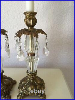 2 Vintage Antique Victorian Art Nouveau Candle Holders With Lead Crystal Prisms