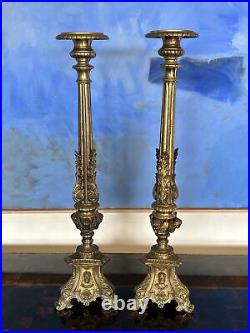 2 Vintage Baroque Style 3 Footed 24 Candlesticks Ornate Brass Cherubs & Faces