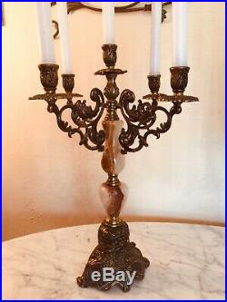 2 Vintage Brass, Metal And Onyx Candelabra 5 Arm, Candle Or Votive Cup Holders