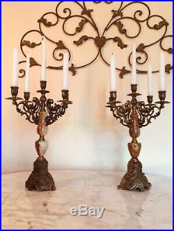 2 Vintage Brass, Metal And Onyx Candelabra 5 Arm, Candle Or Votive Cup Holders
