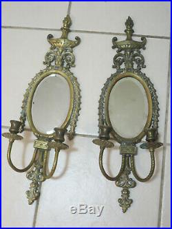 2 Vintage Brass Wall Sconces With Oval Mirrors Dual Candle Holders