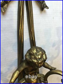 2 Vintage Gold Metal Brass Candle Holders Pair Wall Double Sconces Cherubs 22
