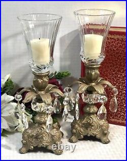 2 Vintage Italian Brass Candle holders Crystals / Baroque Style / Hurricanes
