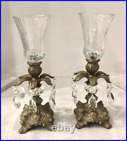 2 Vintage Italian Brass Candle holders Crystals / Baroque Style / Hurricanes