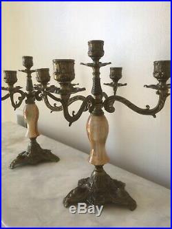 (2) Vintage Italian Candelabra Brass Marble Onyx Ornate Regency Candle Holder 5