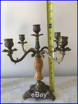 (2) Vintage Italian Candelabra Brass Marble Onyx Ornate Regency Candle Holder 5