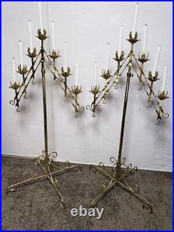 2 Vintage Large Adjustable Brass 2-Branch 7 Candle Freestanding Floor Candelabra