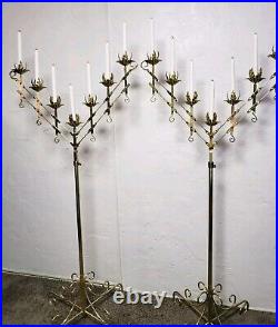 2 Vintage Large Adjustable Brass 2-Branch 7 Candle Freestanding Floor Candelabra