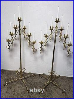 2 Vintage Large Adjustable Brass 2-Branch 7 Candle Freestanding Floor Candelabra