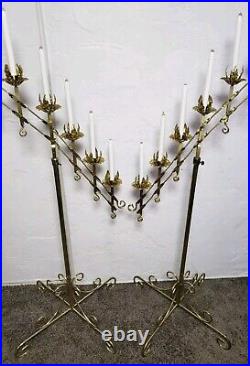 2 Vintage Large Adjustable Brass 2-Branch 7 Candle Freestanding Floor Candelabra